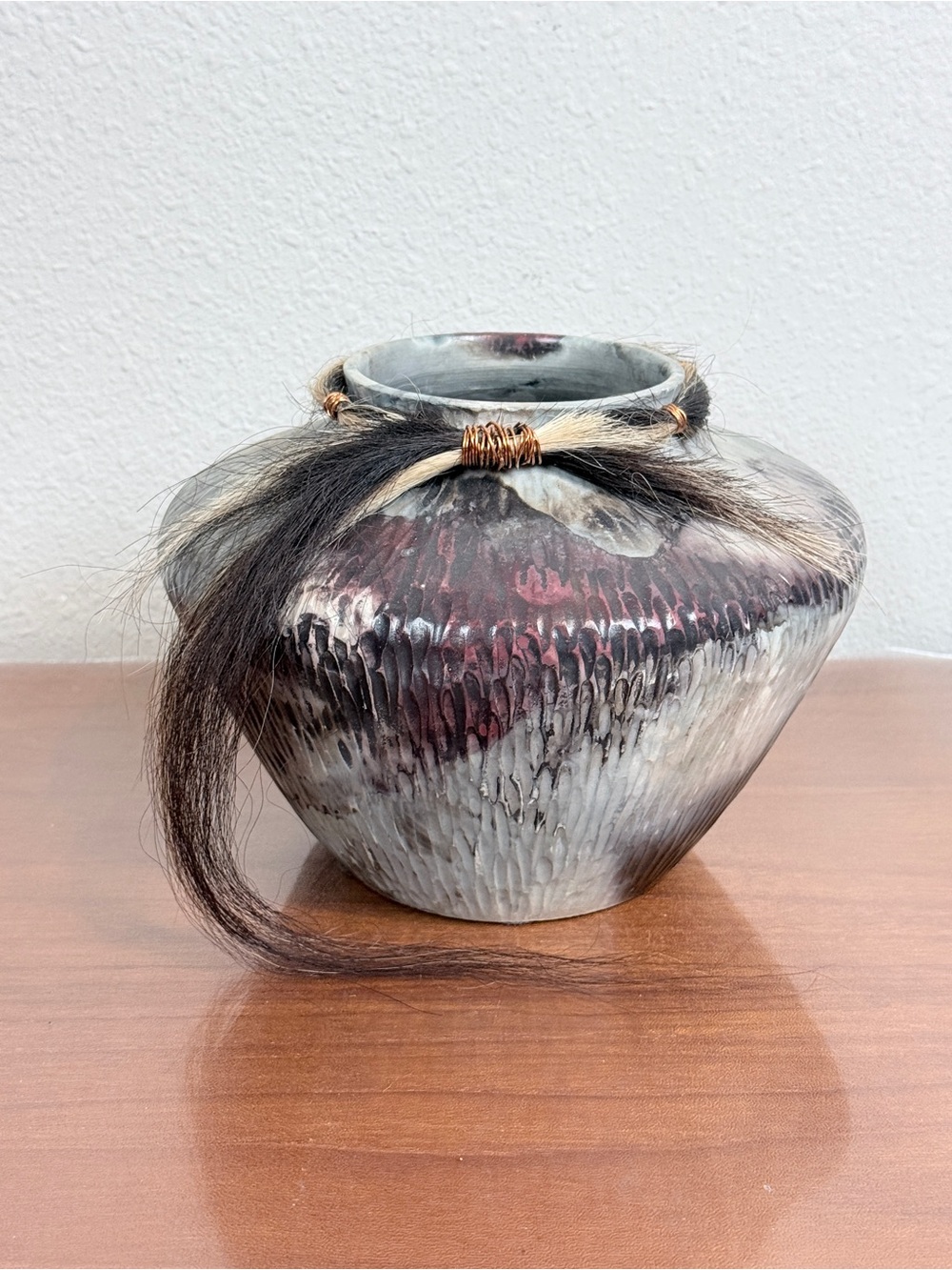 Handcrafted Artisan Textured Ceramic Vase with Dark Brown Horse Hair Signed 6 in